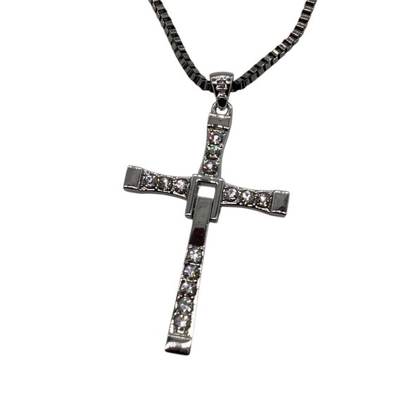 Men’s Rhinestone Cross Pendant Necklace Silver Box Chain - Picture 5 of 16